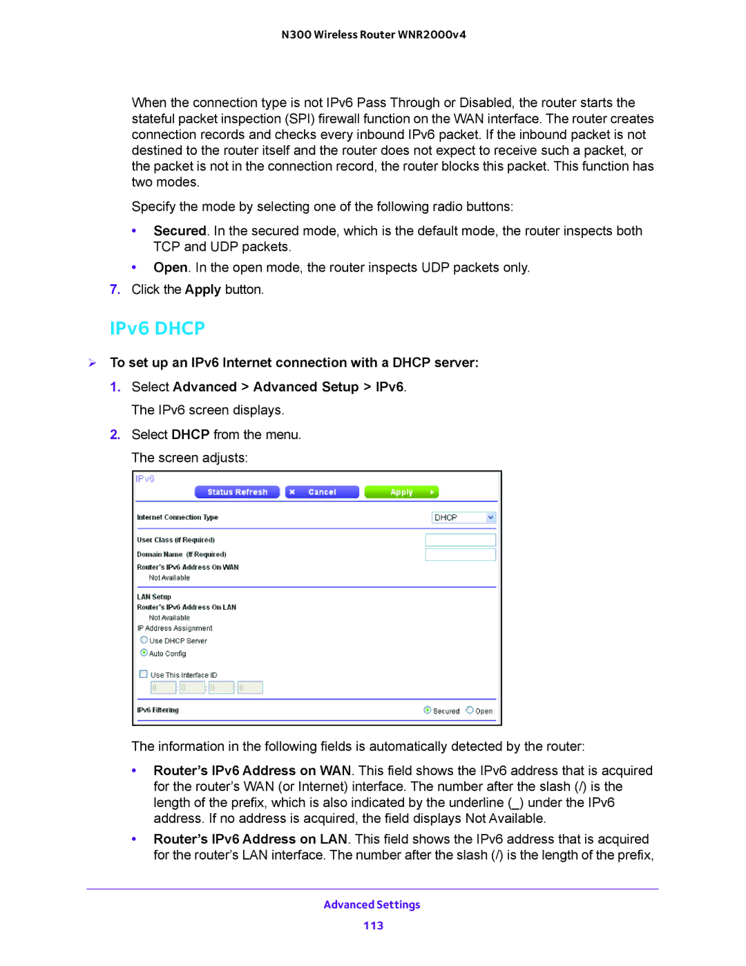 NETGEAR WNR200v4 user manual IPv6 Dhcp,  To set up an IPv6 Internet connection with a Dhcp server 