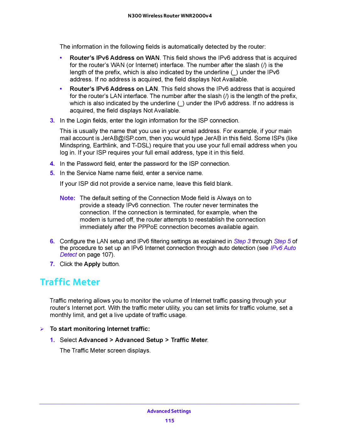 NETGEAR WNR200v4 user manual Traffic Meter,  To start monitoring Internet traffic 