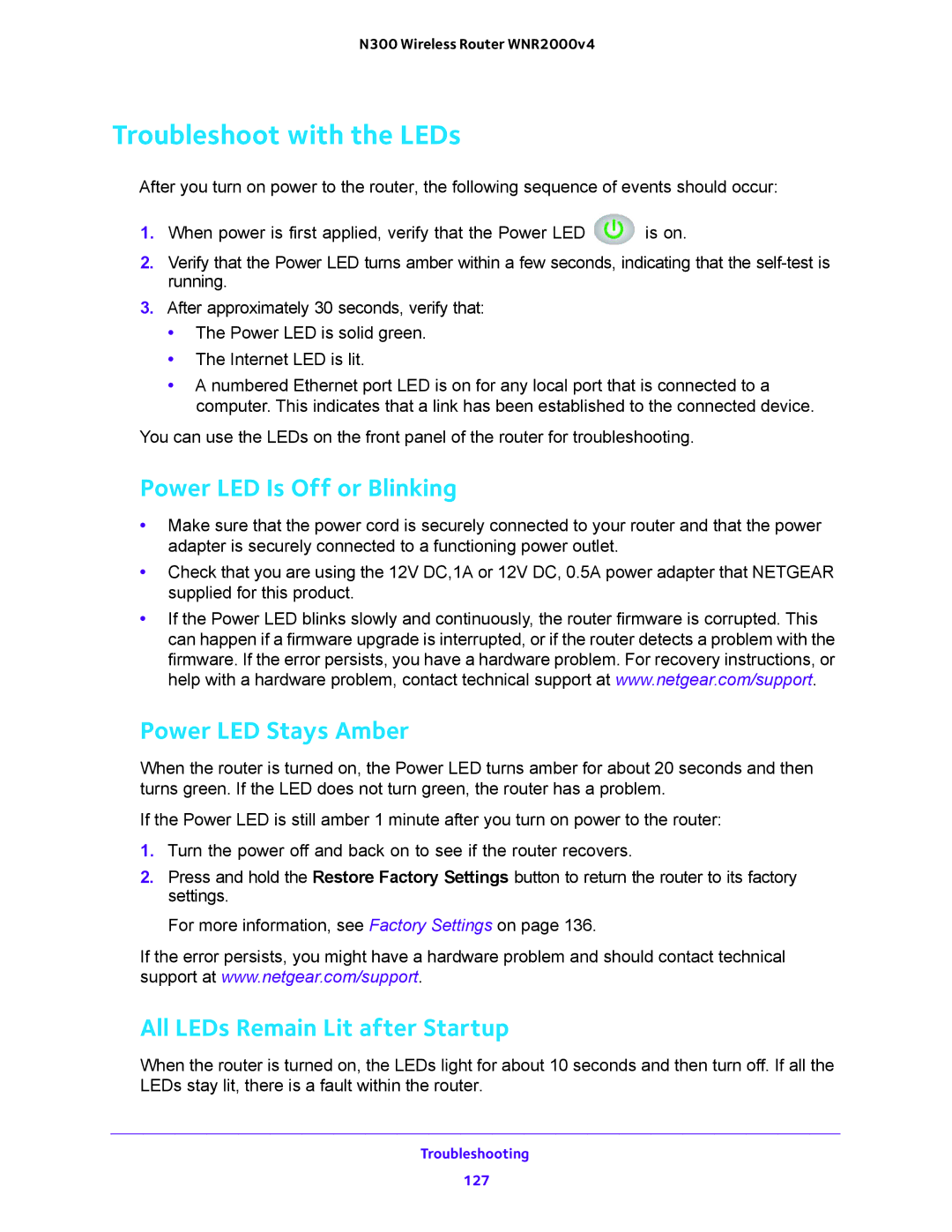 NETGEAR WNR200v4 user manual Troubleshoot with the LEDs, Power LED Is Off or Blinking, Power LED Stays Amber 