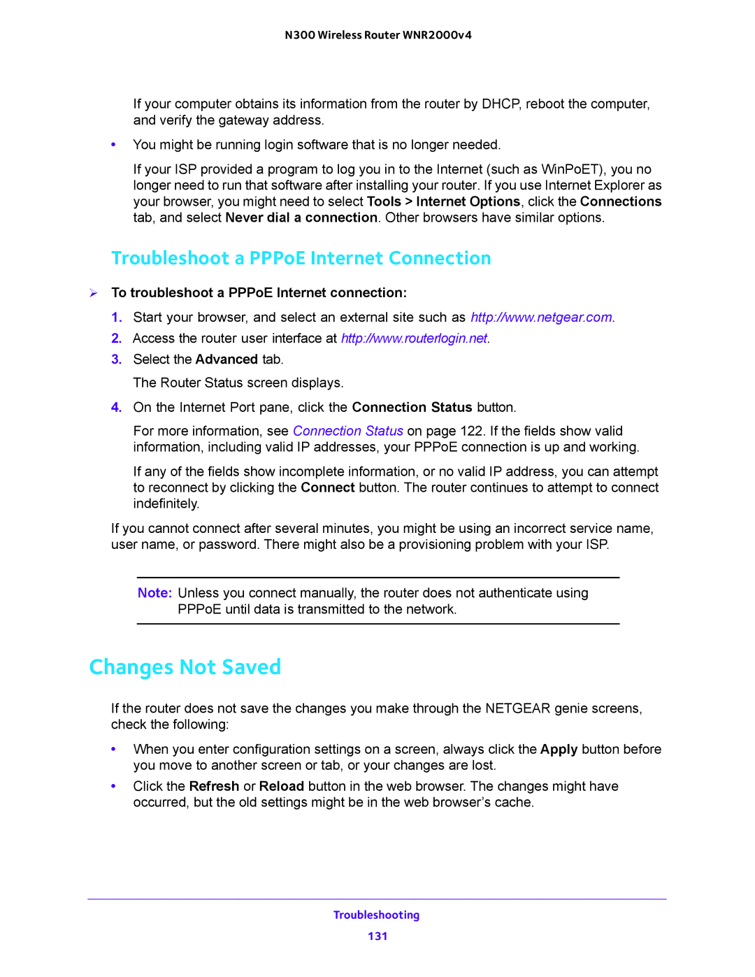 NETGEAR WNR200v4 user manual Changes Not Saved, Troubleshoot a PPPoE Internet Connection 