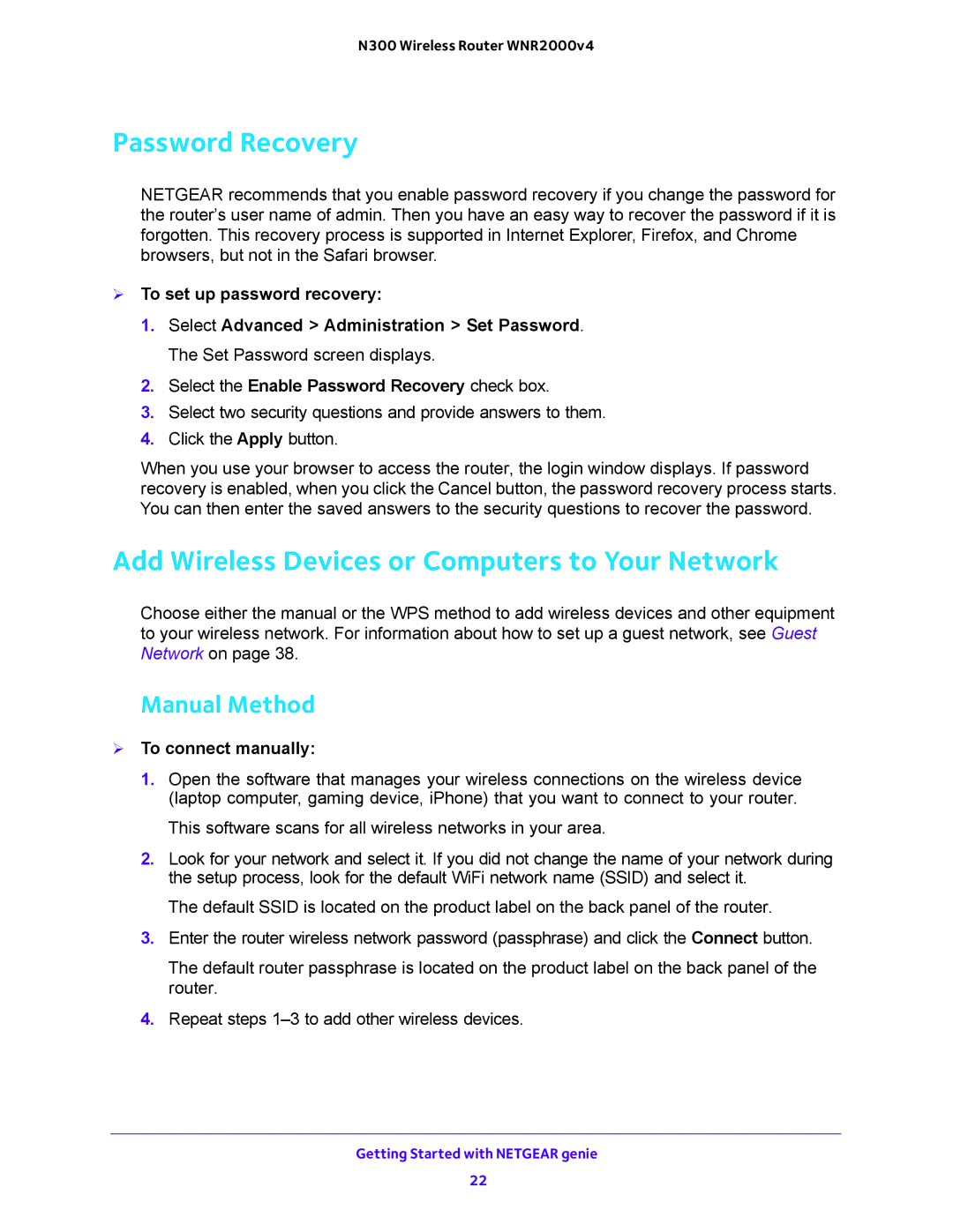 NETGEAR WNR200v4 user manual Password Recovery, Add Wireless Devices or Computers to Your Network, Manual Method 