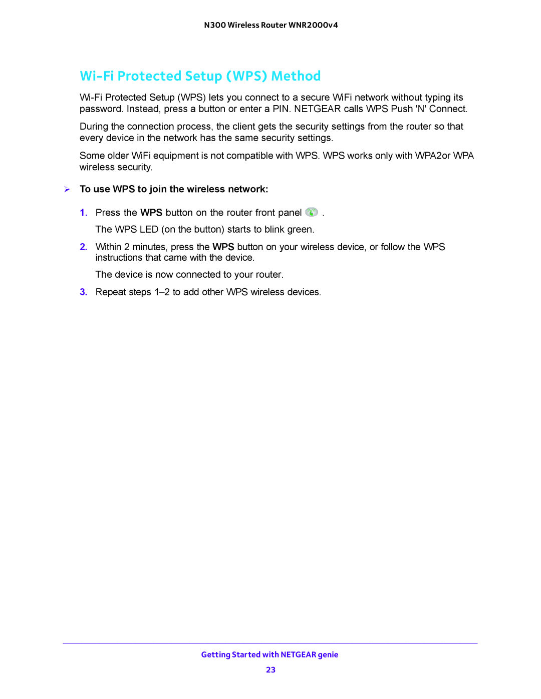 NETGEAR WNR200v4 user manual Wi-Fi Protected Setup WPS Method,  To use WPS to join the wireless network 