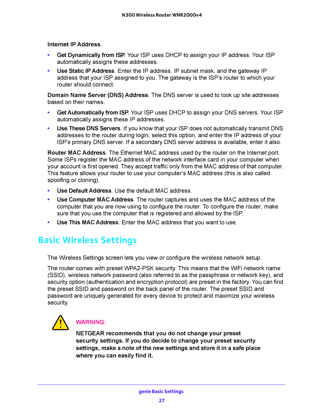 NETGEAR WNR200v4 user manual Basic Wireless Settings, Internet IP Address 