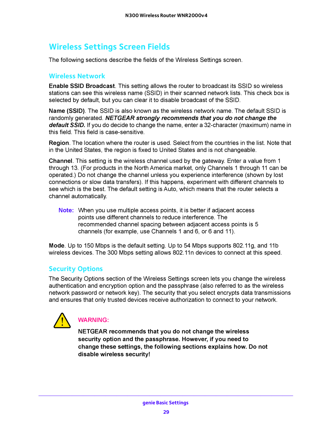 NETGEAR WNR200v4 user manual Wireless Settings Screen Fields, Wireless Network 