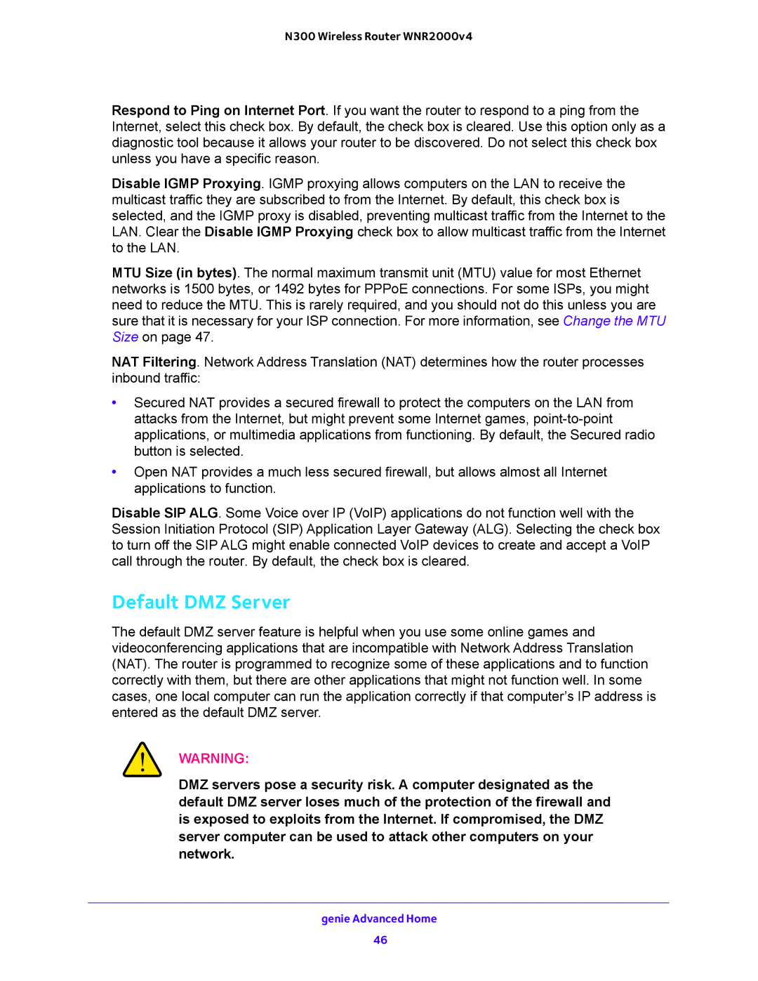 NETGEAR WNR200v4 user manual Default DMZ Server 