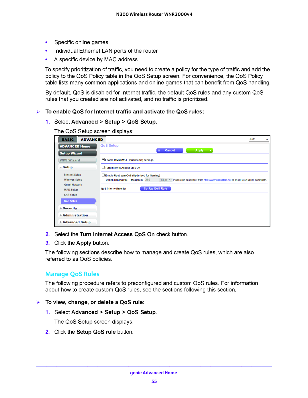 NETGEAR WNR200v4 user manual Select the Turn Internet Access QoS On check button,  To view, change, or delete a QoS rule 