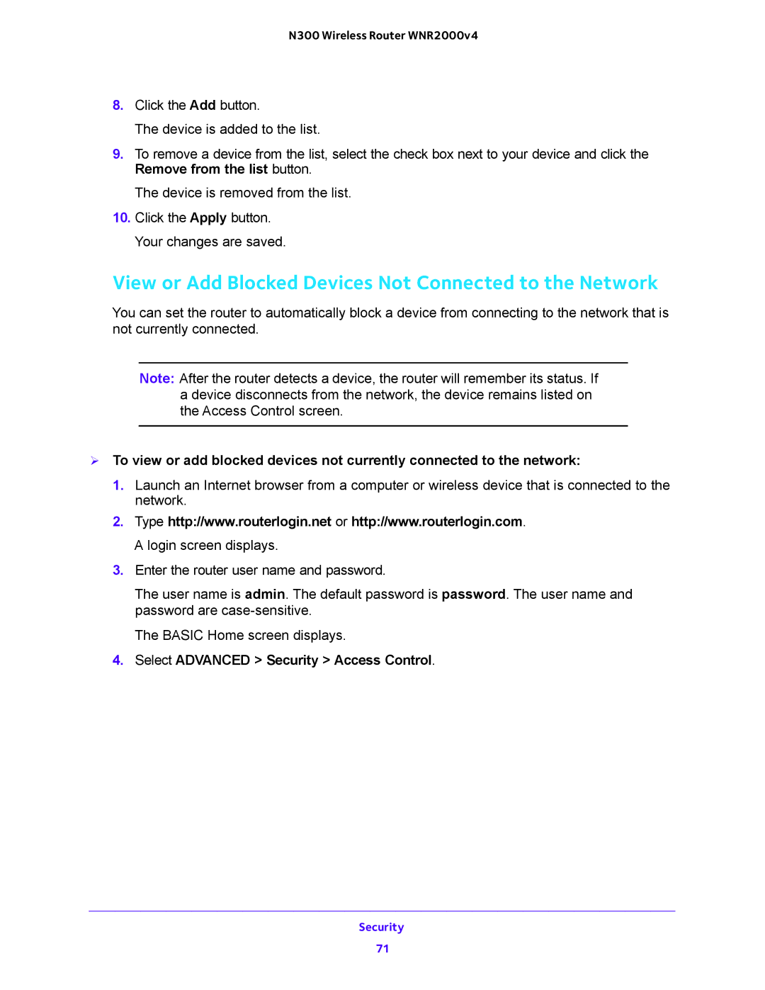 NETGEAR WNR200v4 View or Add Blocked Devices Not Connected to the Network, Select Advanced Security Access Control 