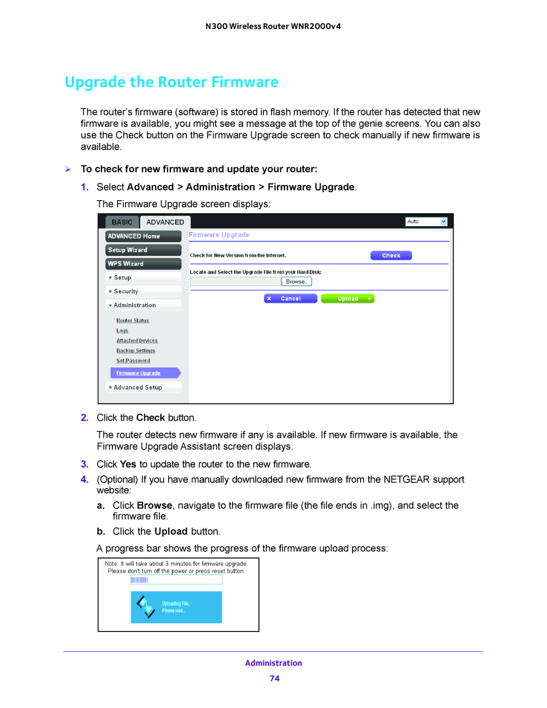 NETGEAR WNR200v4 user manual Upgrade the Router Firmware,  To check for new firmware and update your router 