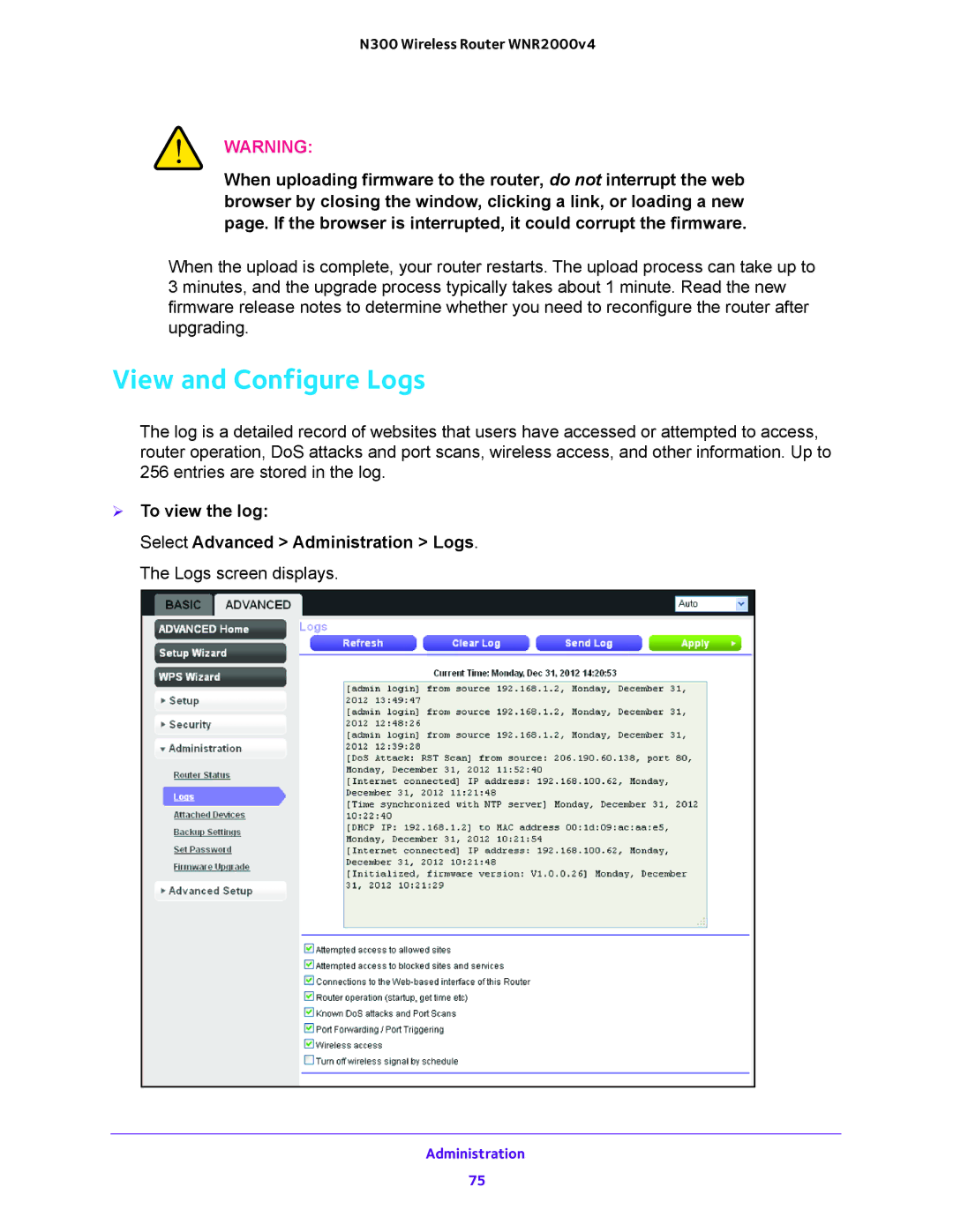 NETGEAR WNR200v4 user manual View and Configure Logs,  To view the log 