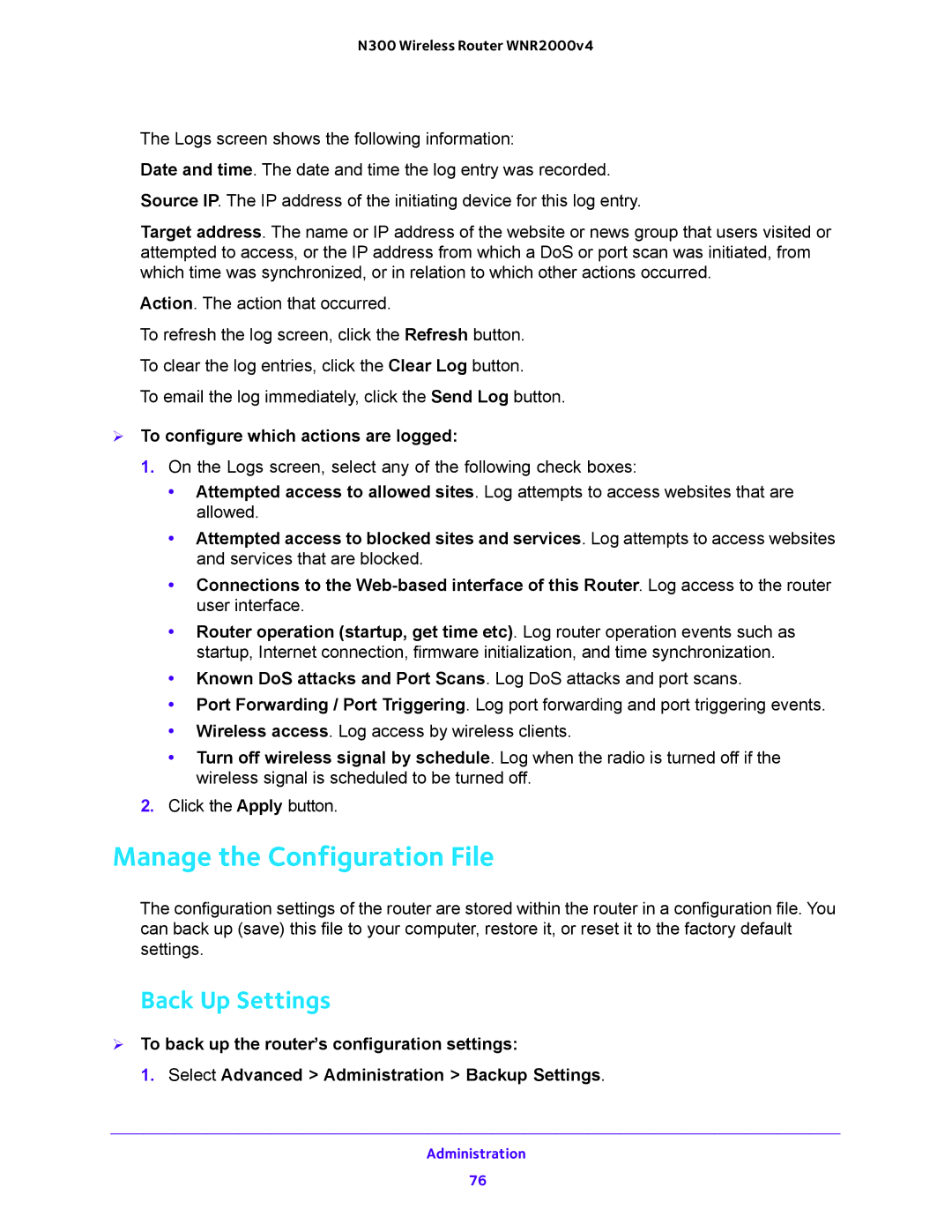 NETGEAR WNR200v4 user manual Manage the Configuration File, Back Up Settings,  To configure which actions are logged 