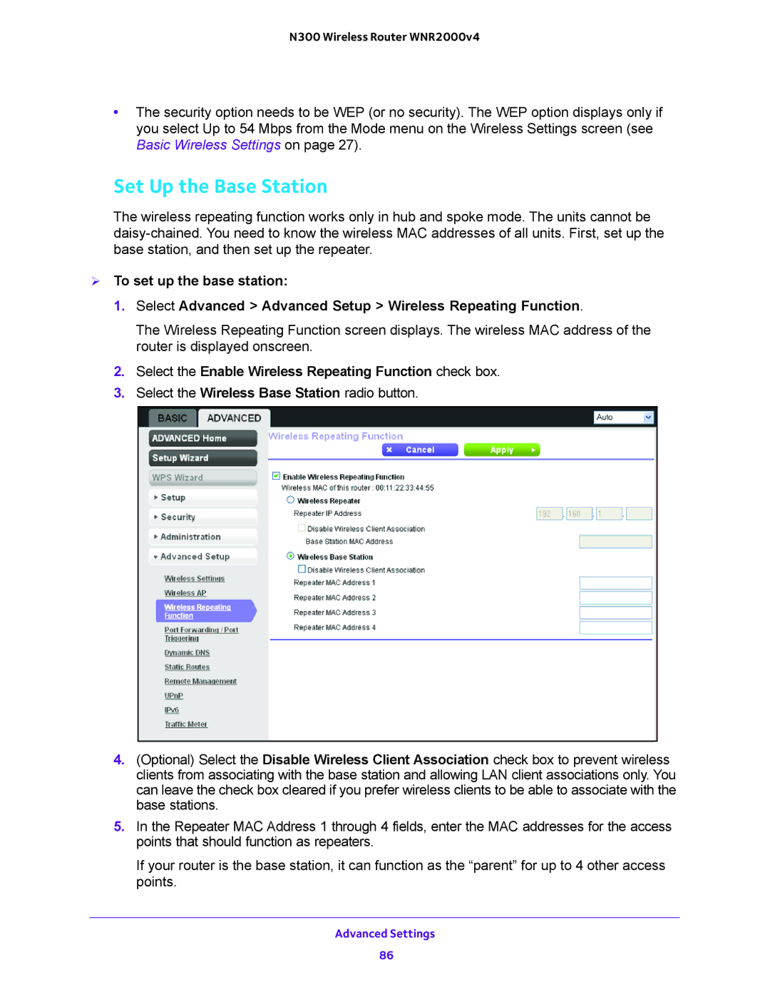 NETGEAR WNR200v4 user manual Set Up the Base Station, Select the Enable Wireless Repeating Function check box 