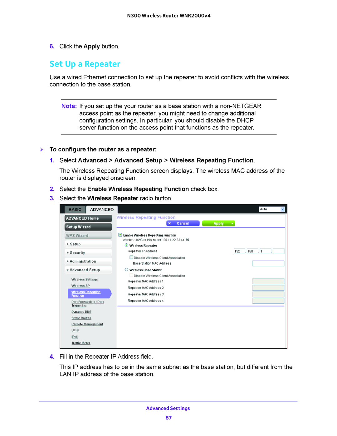 NETGEAR WNR200v4 user manual Set Up a Repeater 