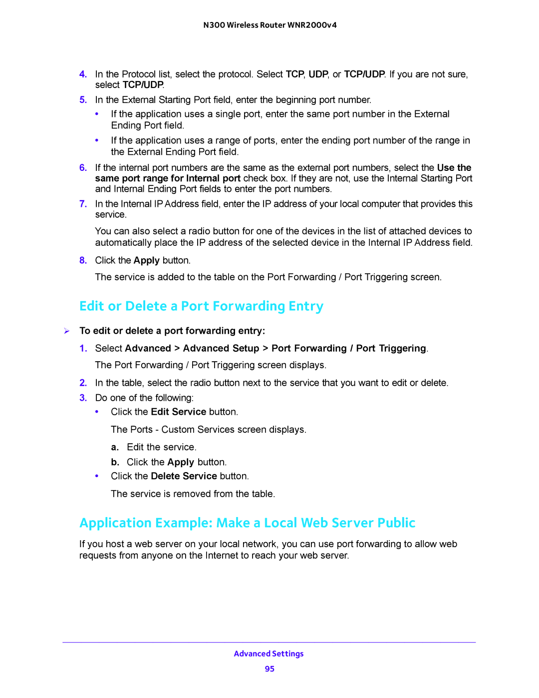 NETGEAR WNR200v4 user manual Edit or Delete a Port Forwarding Entry, Application Example Make a Local Web Server Public 