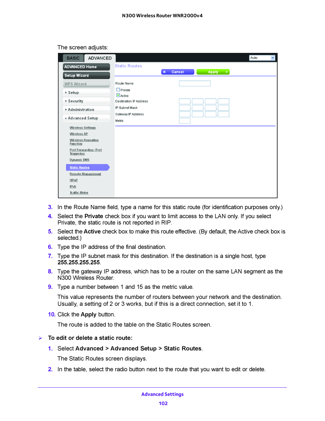 NETGEAR WNR200v4 user manual  To edit or delete a static route 