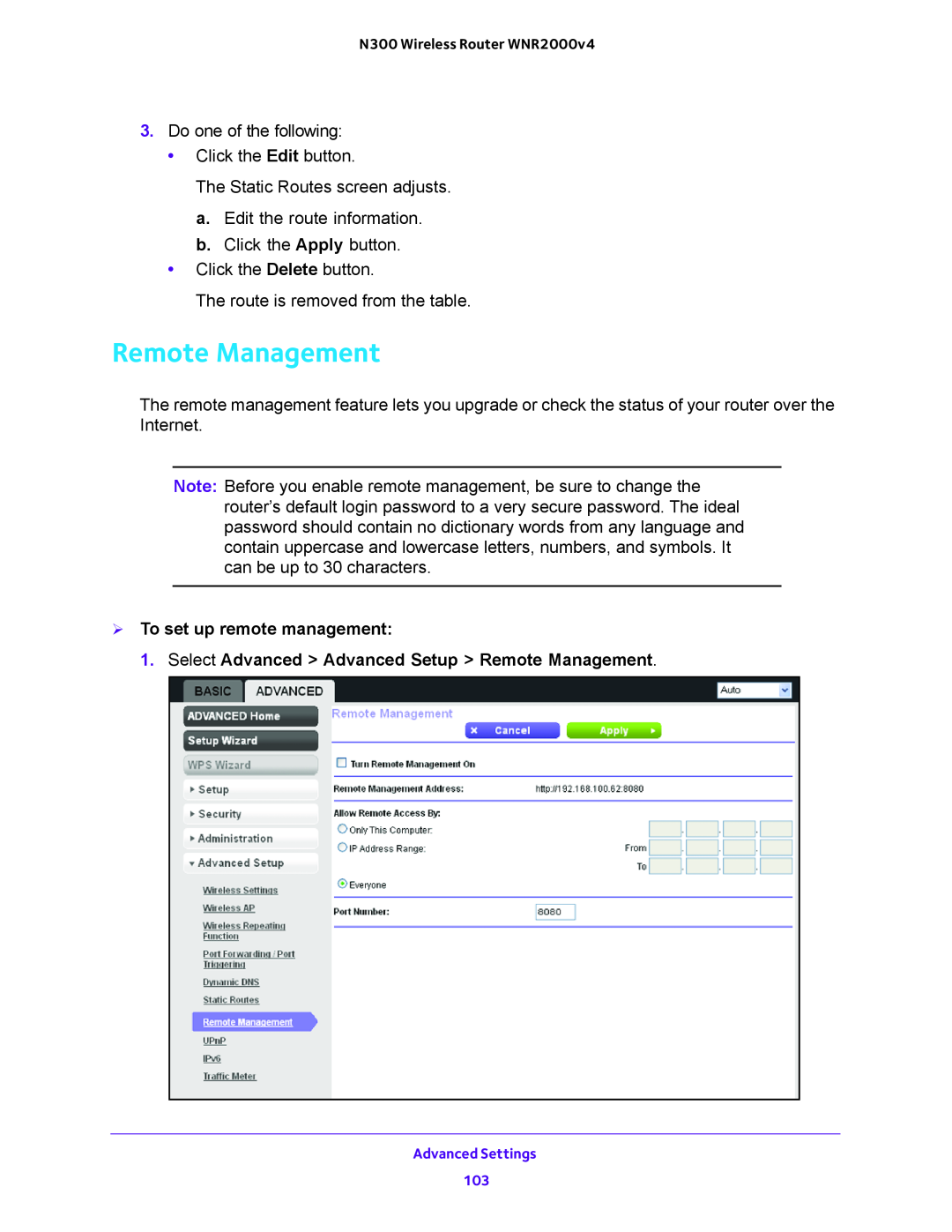 NETGEAR WNR200v4 user manual  To set up remote management, Select Advanced Advanced Setup Remote Management 