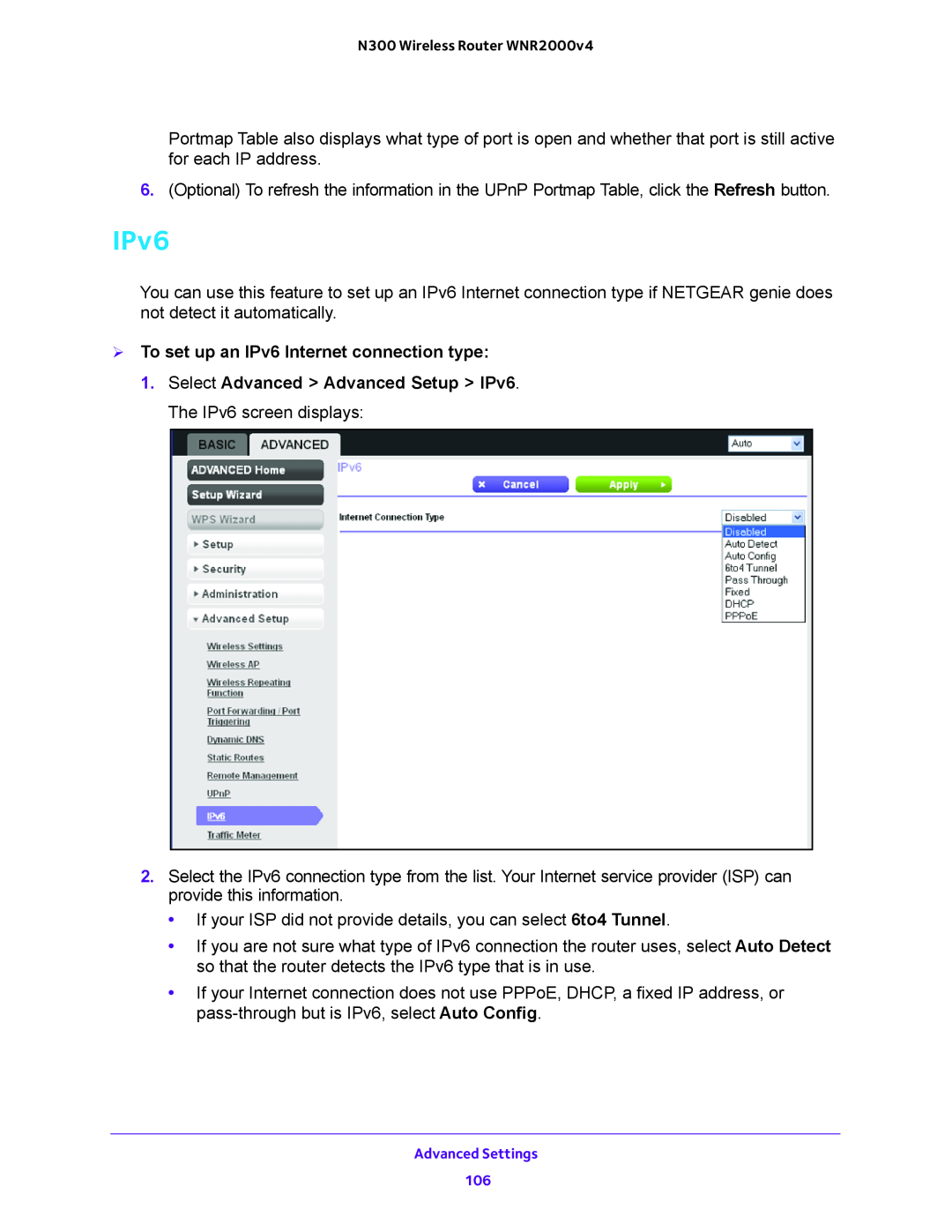 NETGEAR WNR200v4 user manual  To set up an IPv6 Internet connection type 