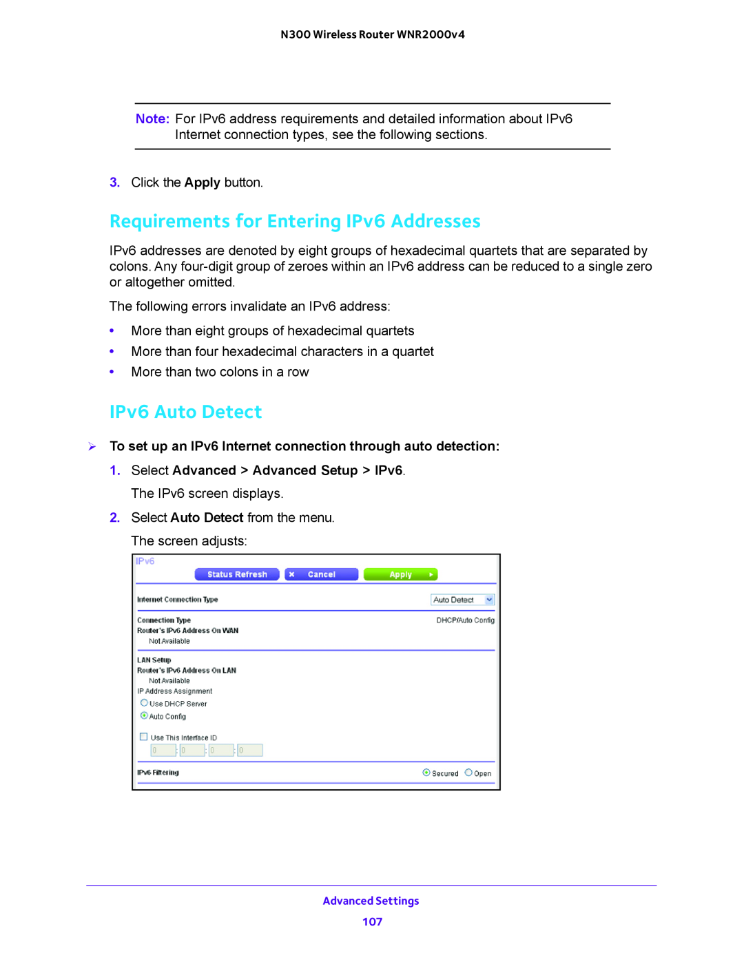 NETGEAR WNR200v4 user manual Requirements for Entering IPv6 Addresses, IPv6 Auto Detect 