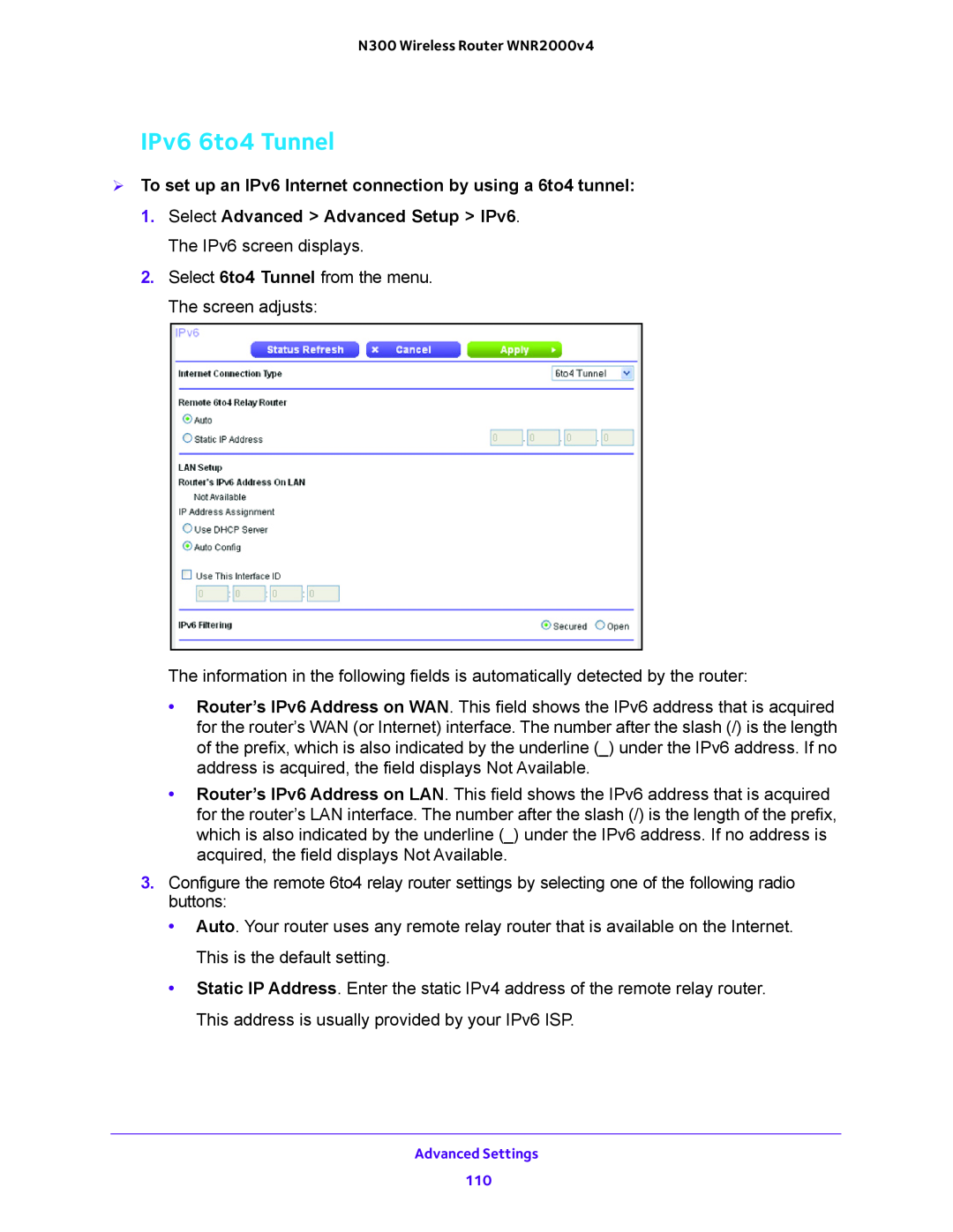 NETGEAR WNR200v4 user manual IPv6 6to4 Tunnel,  To set up an IPv6 Internet connection by using a 6to4 tunnel 