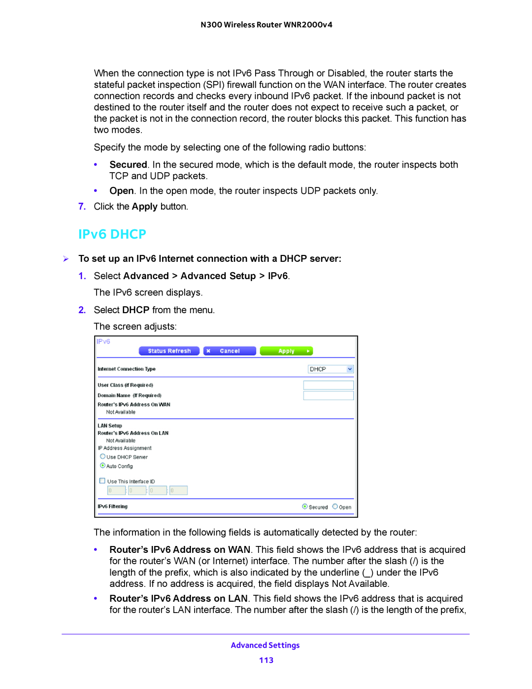 NETGEAR WNR200v4 user manual IPv6 DHCP,  To set up an IPv6 Internet connection with a DHCP server 