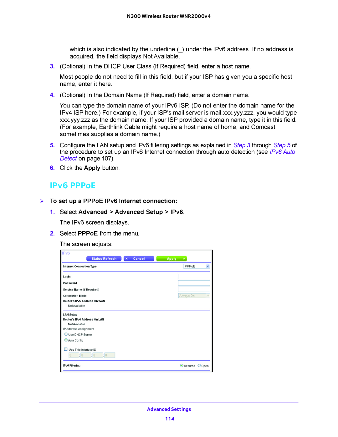 NETGEAR WNR200v4 user manual IPv6 PPPoE,  To set up a PPPoE IPv6 Internet connection 