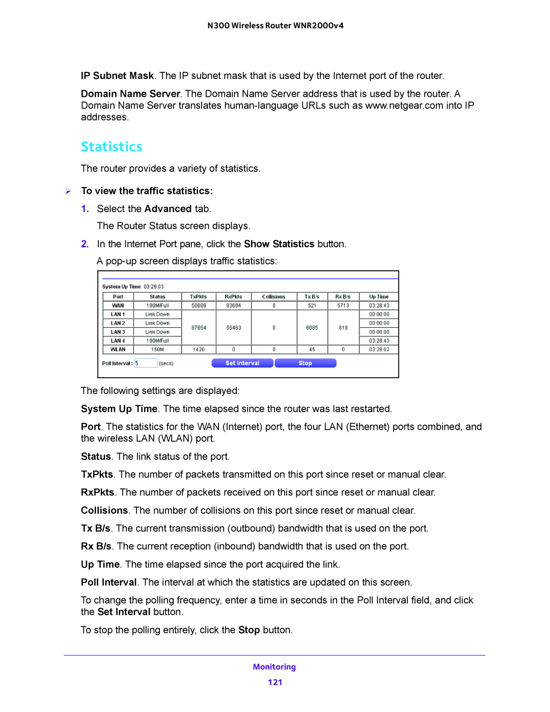 NETGEAR WNR200v4 user manual Statistics,  To view the traffic statistics 