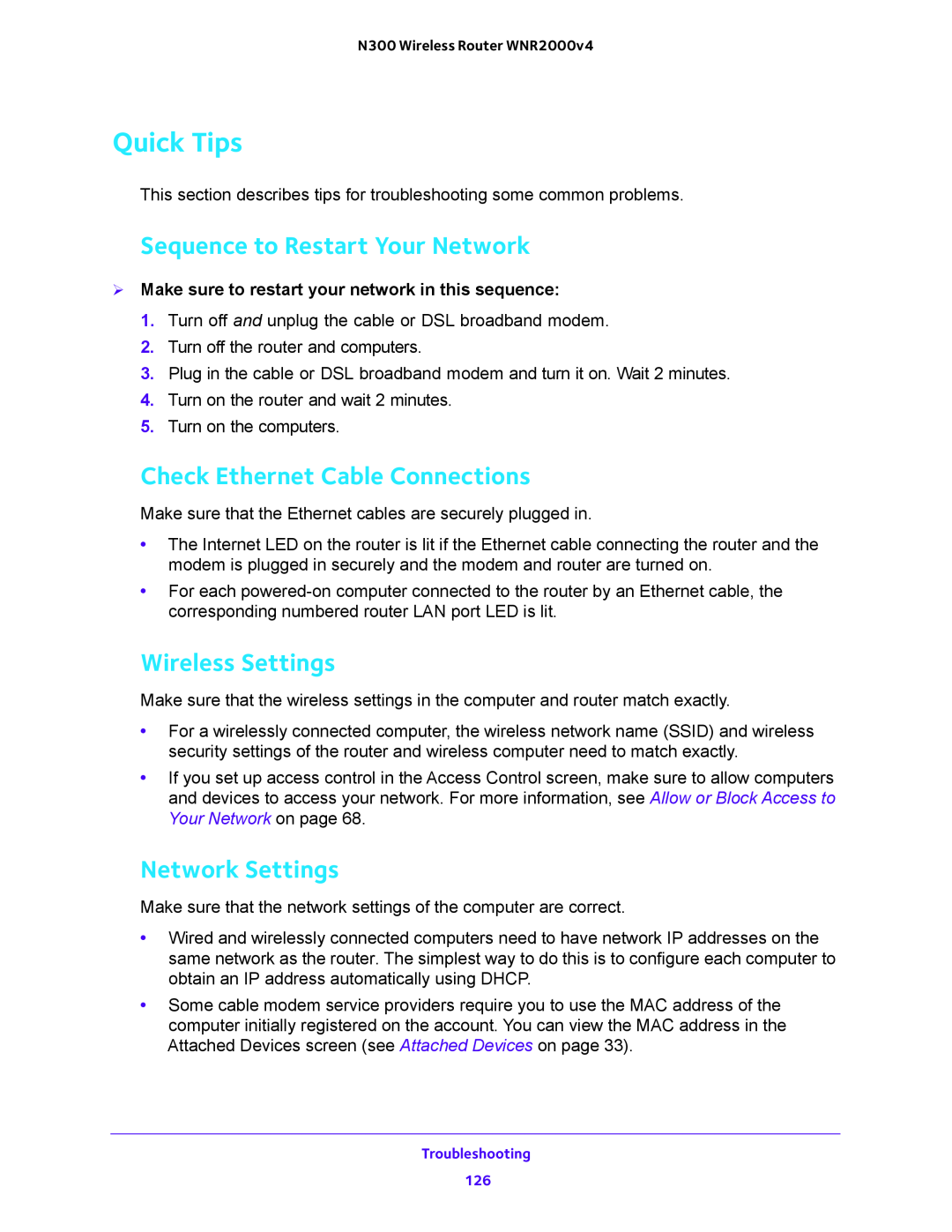 NETGEAR WNR200v4 Quick Tips, Sequence to Restart Your Network, Check Ethernet Cable Connections, Wireless Settings 