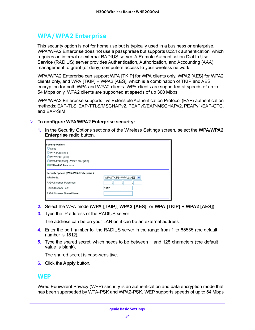 NETGEAR WNR200v4 user manual  To configure WPA/WPA2 Enterprise security 