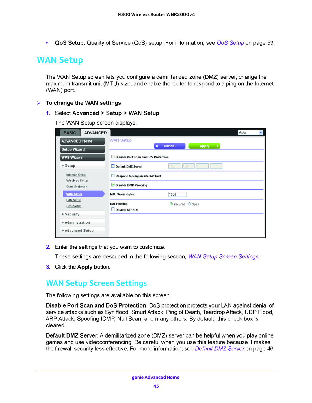 NETGEAR WNR200v4 user manual WAN Setup Screen Settings,  To change the WAN settings 