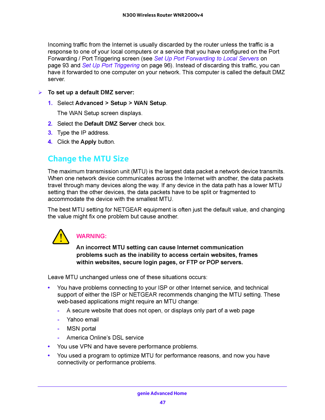 NETGEAR WNR200v4 user manual Change the MTU Size,  To set up a default DMZ server 