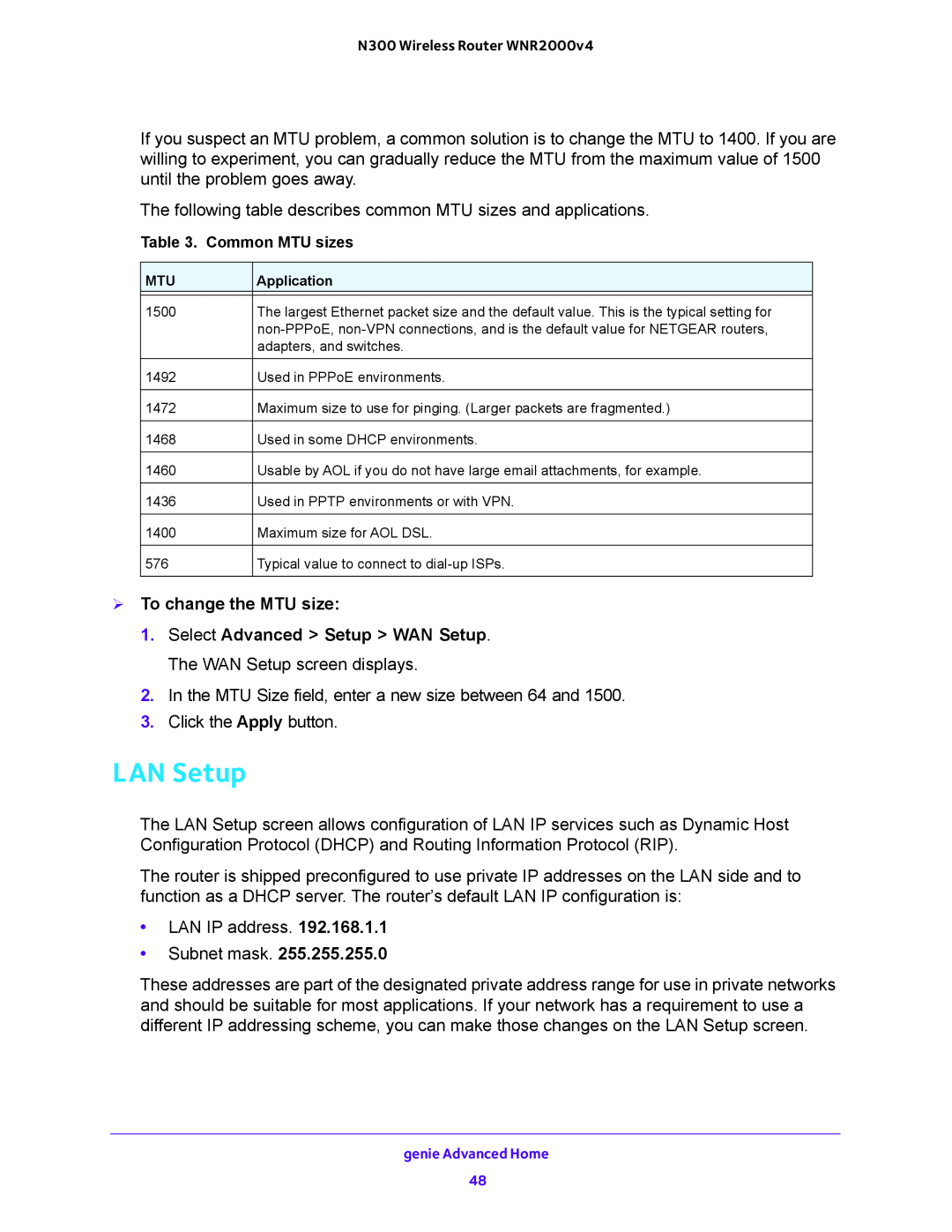 NETGEAR WNR200v4 user manual LAN Setup,  To change the MTU size 