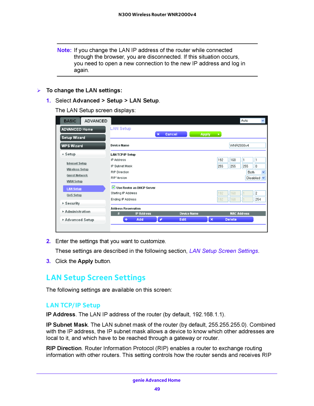 NETGEAR WNR200v4 user manual LAN Setup Screen Settings, LAN TCP/IP Setup,  To change the LAN settings 