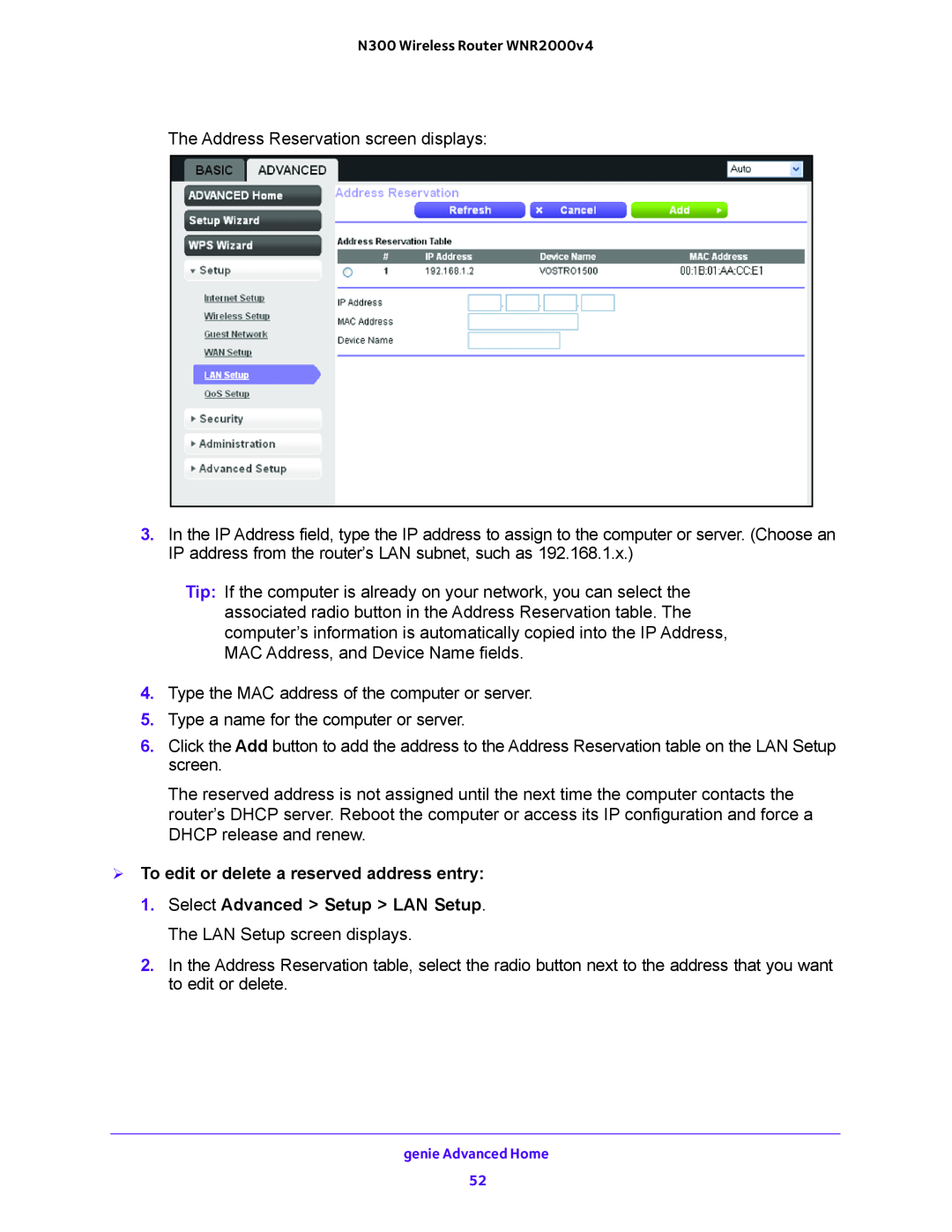 NETGEAR WNR200v4 user manual  To edit or delete a reserved address entry 
