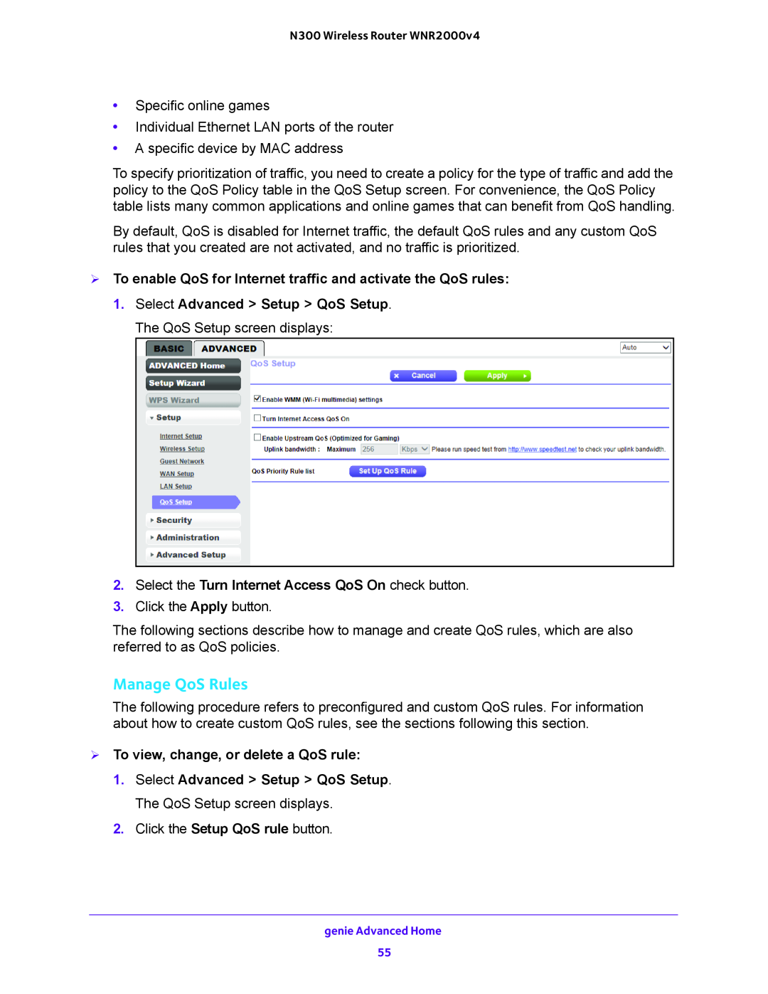 NETGEAR WNR200v4 user manual Manage QoS Rules,  To enable QoS for Internet traffic and activate the QoS rules 