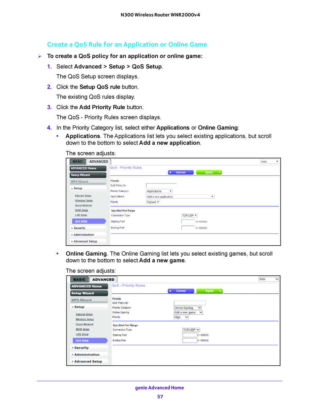 NETGEAR WNR200v4 user manual Create a QoS Rule for an Application or Online Game, Click the Add Priority Rule button 