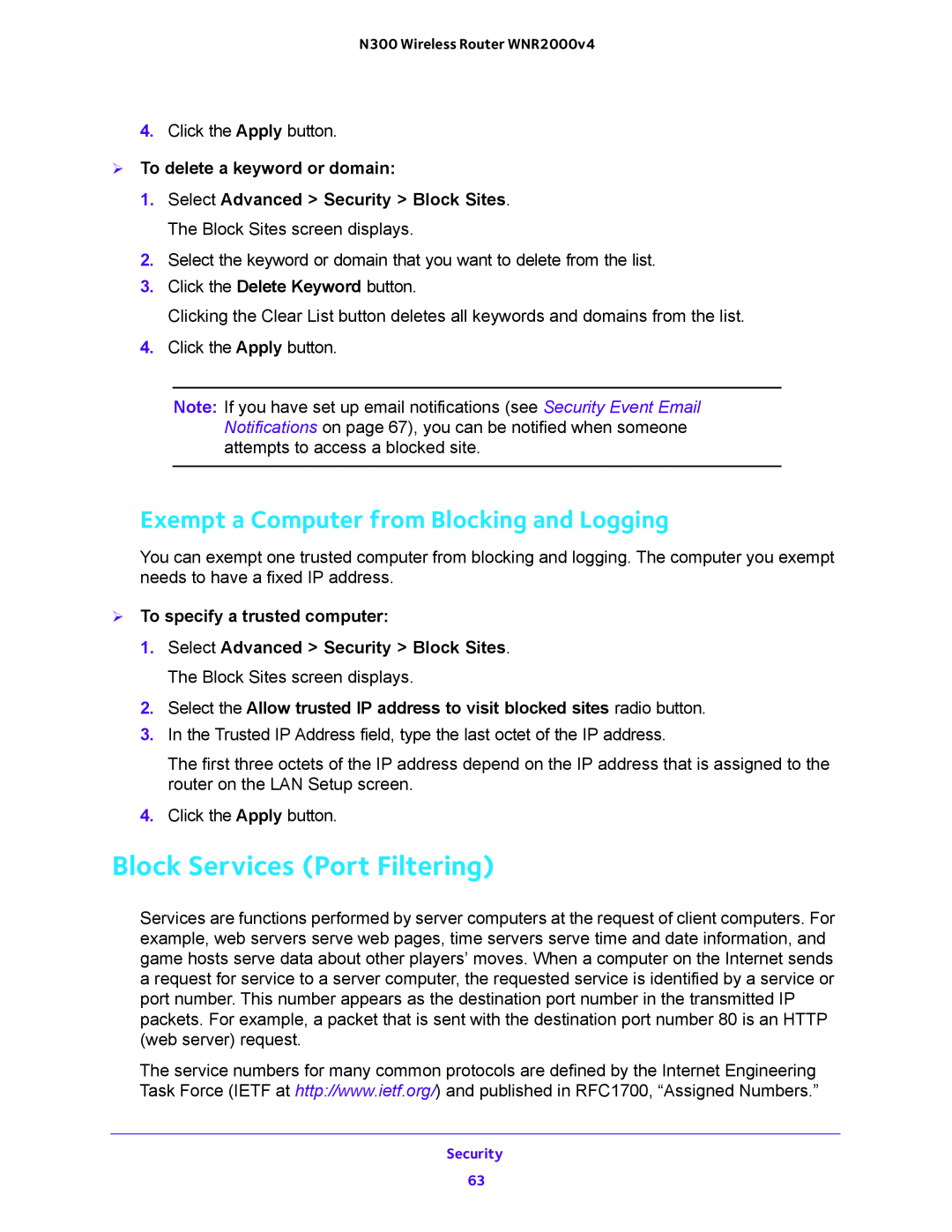 NETGEAR WNR200v4 user manual Block Services Port Filtering, Exempt a Computer from Blocking and Logging 