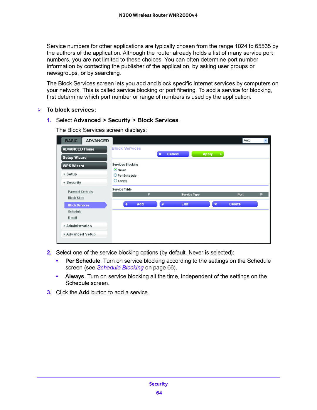 NETGEAR WNR200v4 user manual  To block services 
