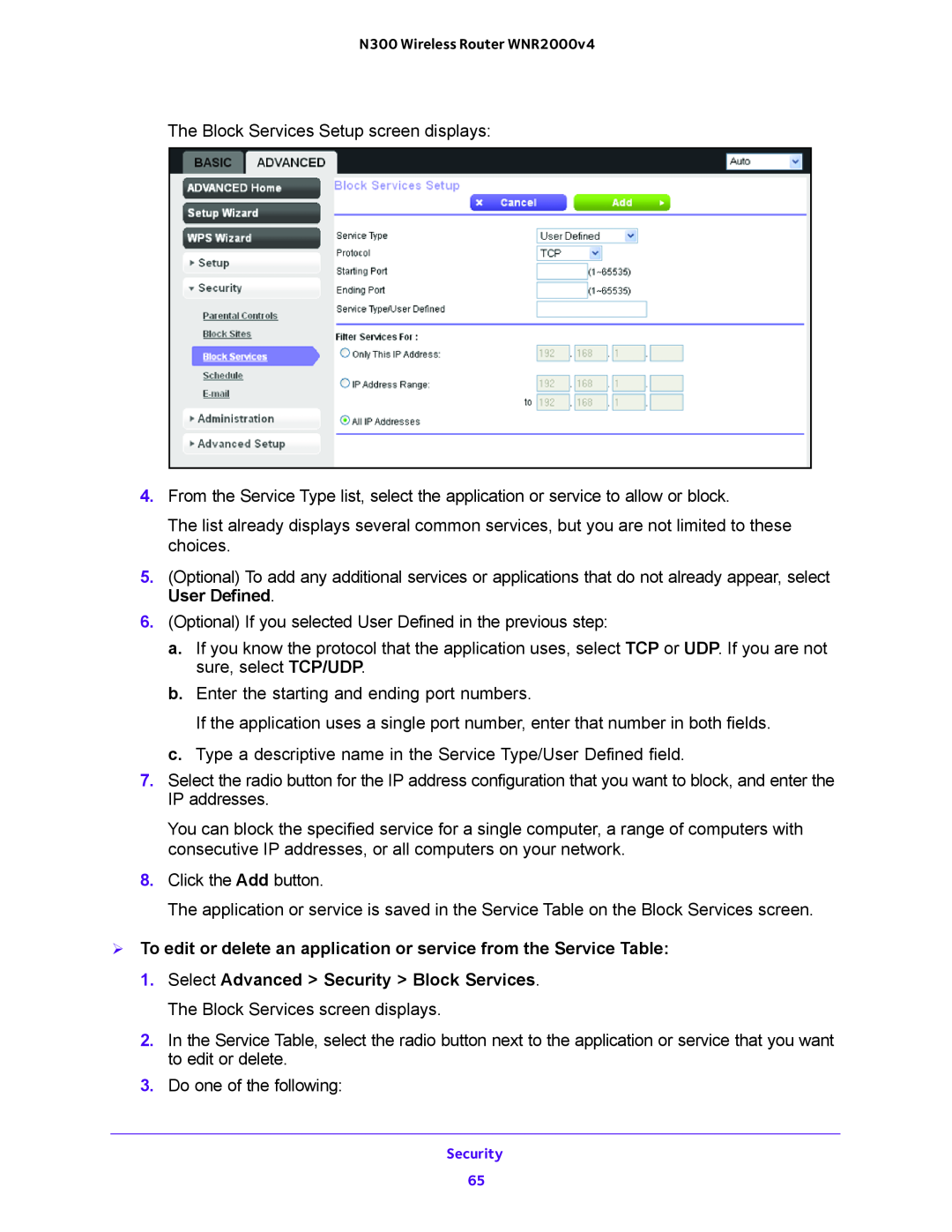NETGEAR WNR200v4 user manual  To edit or delete an application or service from the Service Table 