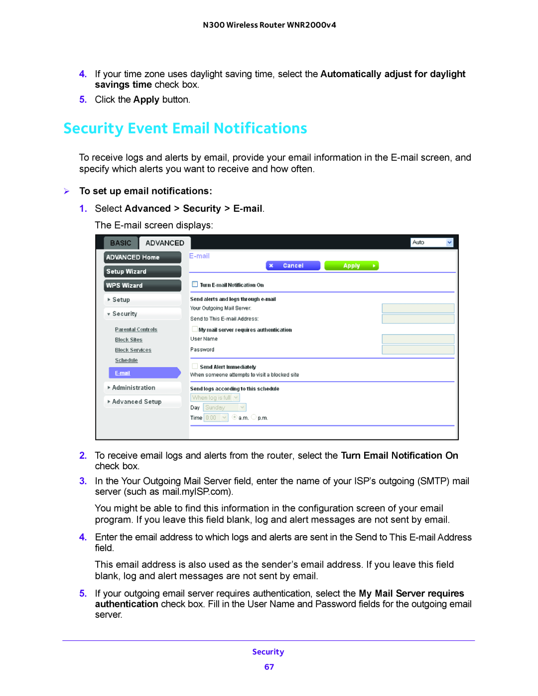 NETGEAR WNR200v4 user manual Security Event Email Notifications,  To set up email notifications 