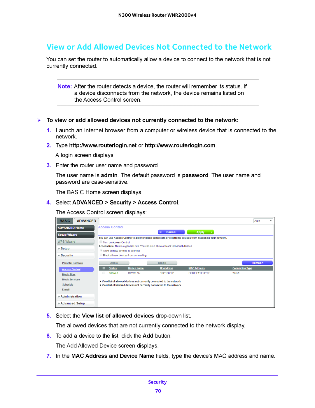 NETGEAR WNR200v4 user manual View or Add Allowed Devices Not Connected to the Network 