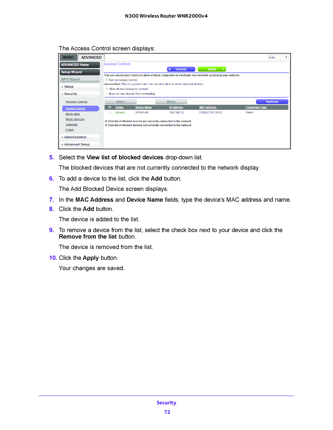 NETGEAR WNR200v4 user manual Select the View list of blocked devices drop-down list 