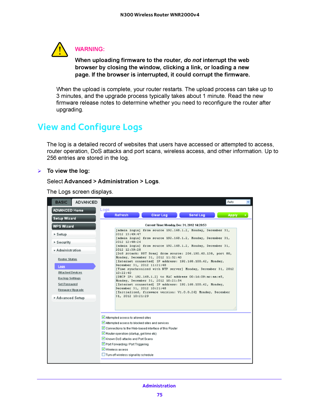NETGEAR WNR200v4 user manual View and Configure Logs,  To view the log 