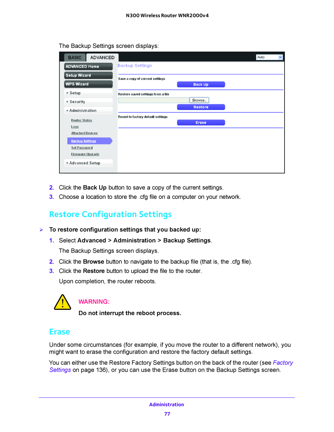 NETGEAR WNR200v4 user manual Restore Configuration Settings, Erase,  To restore configuration settings that you backed up 