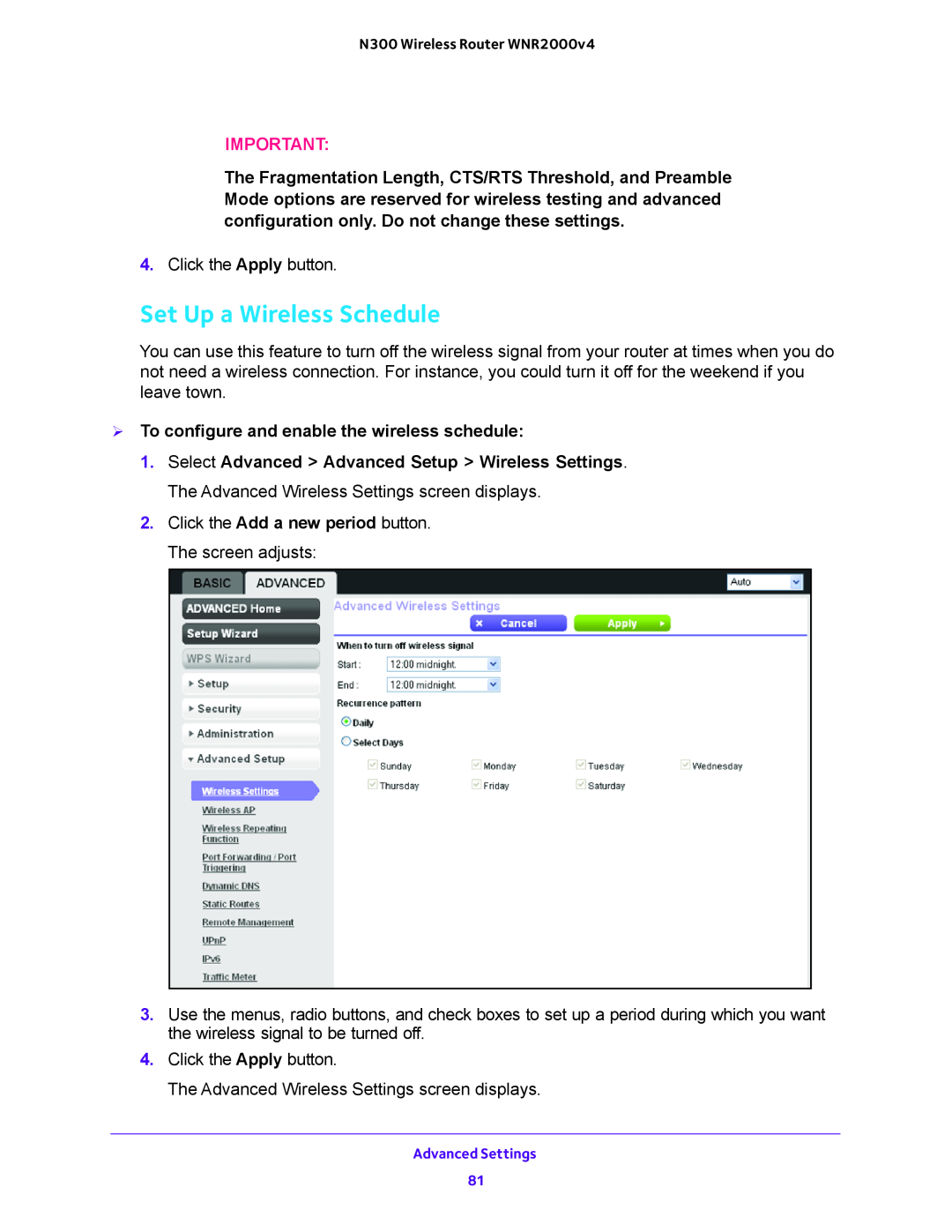 NETGEAR WNR200v4 user manual Set Up a Wireless Schedule,  To configure and enable the wireless schedule 