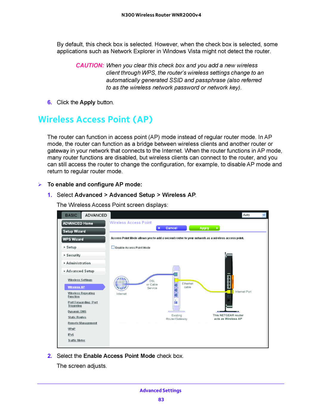 NETGEAR WNR200v4 user manual Wireless Access Point AP,  To enable and configure AP mode 
