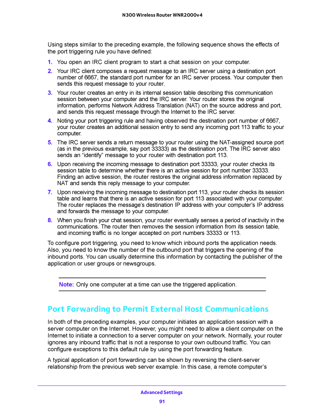 NETGEAR WNR200v4 user manual Port Forwarding to Permit External Host Communications 