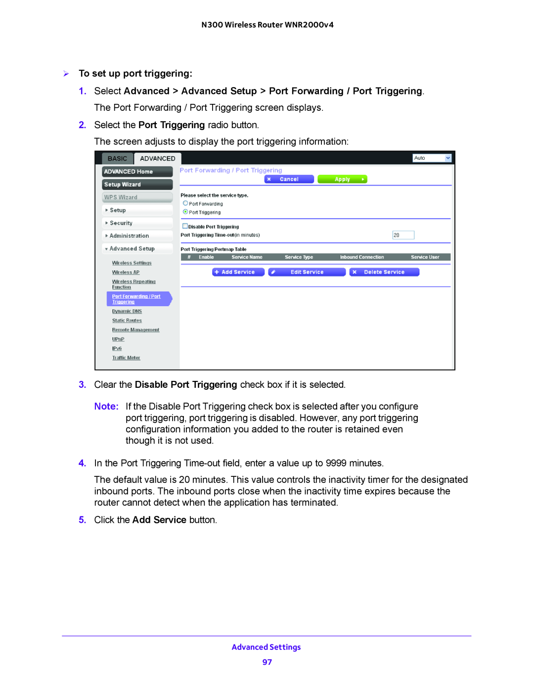 NETGEAR WNR200v4 user manual  To set up port triggering 