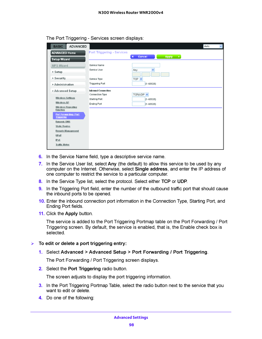 NETGEAR WNR200v4 user manual  To edit or delete a port triggering entry 
