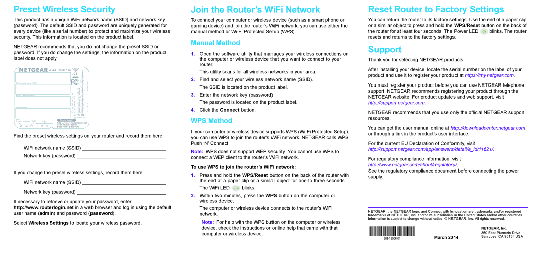 NETGEAR WNR2020 N300 Preset Wireless Security, Join the Router’s WiFi Network, Reset Router to Factory Settings, Support 