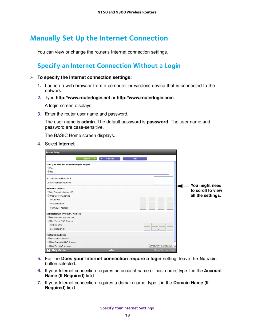 NETGEAR JWNR2010v5, WNR2020, WNR618 Manually Set Up the Internet Connection, Specify an Internet Connection Without a Login 