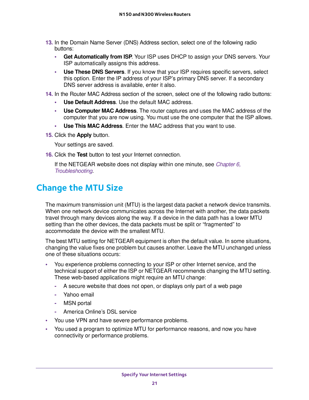 NETGEAR WNR2020, WNR618, WNR614, JWNR2010v5, JWNR2000v5, JNR1010V2 user manual Change the MTU Size 